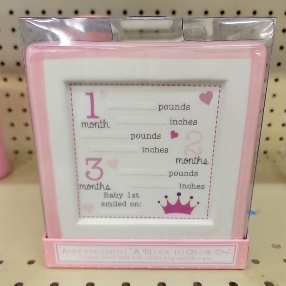 NIP Child to Cherish Baby Girl Announcement Coin Bank “A Block To Grow On”